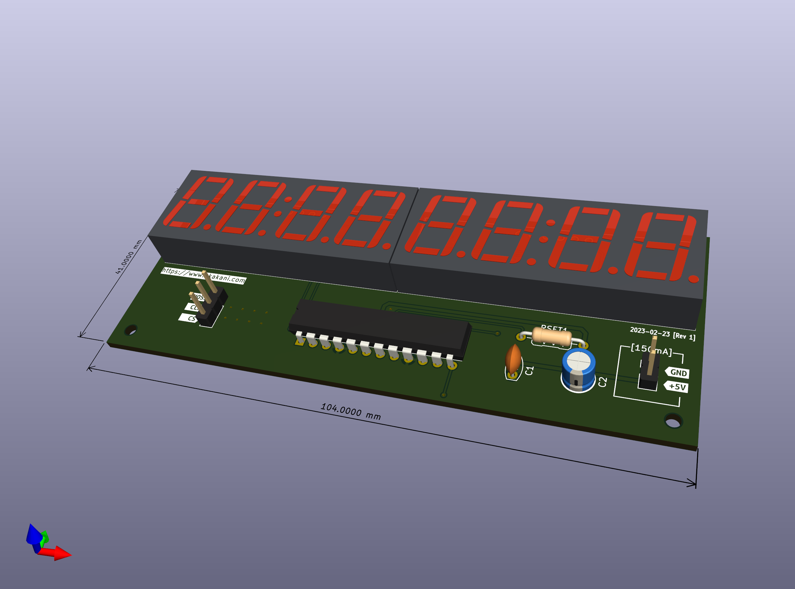 A custom board with a MAX7219 / MAX7221 serially interfaced, 8-Digit, LED Display Driver